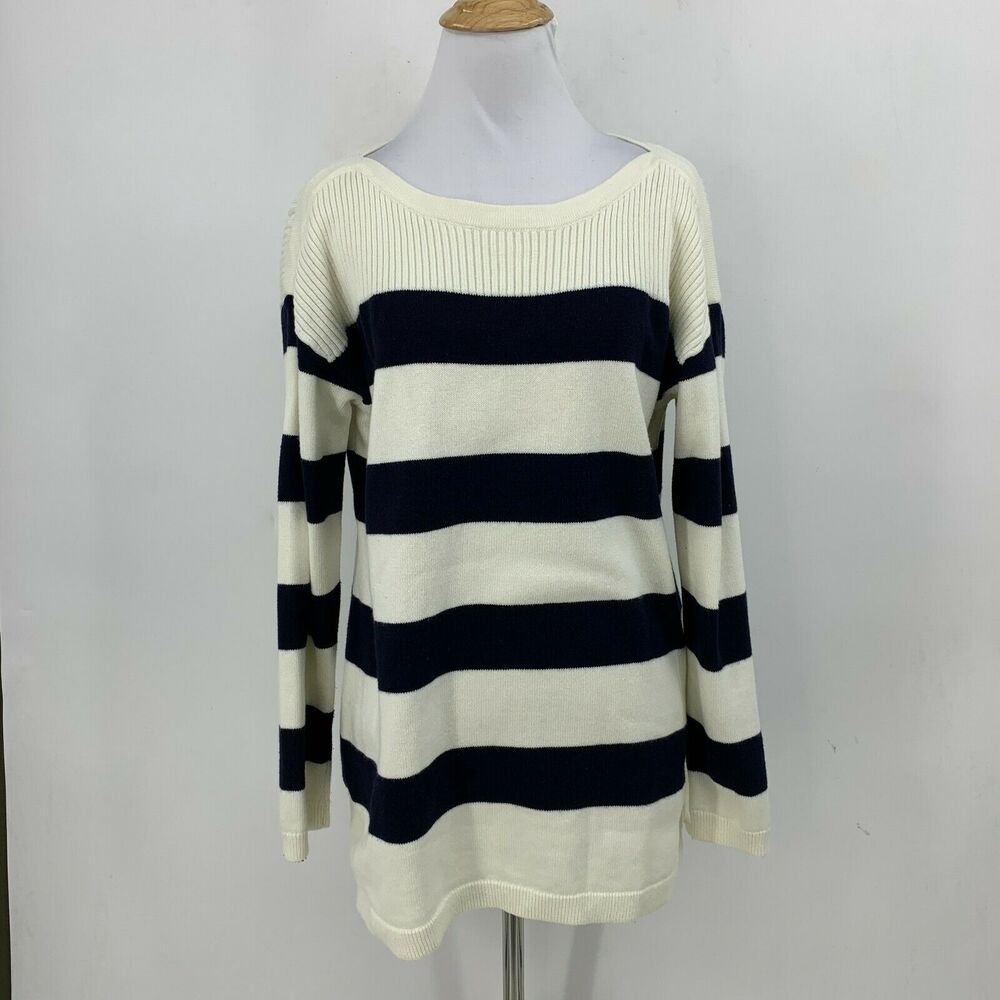 Talbots Striped Sweater Women L Large Navy White Boat Neck Rib Contrast Pullover - Picture 2 of 11